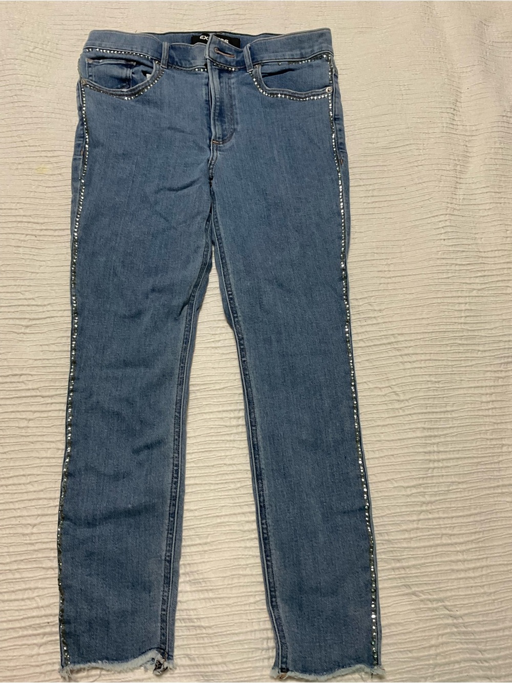 Express Women's Medium Blue Skinny Jeans with Side Rhinestone Trim